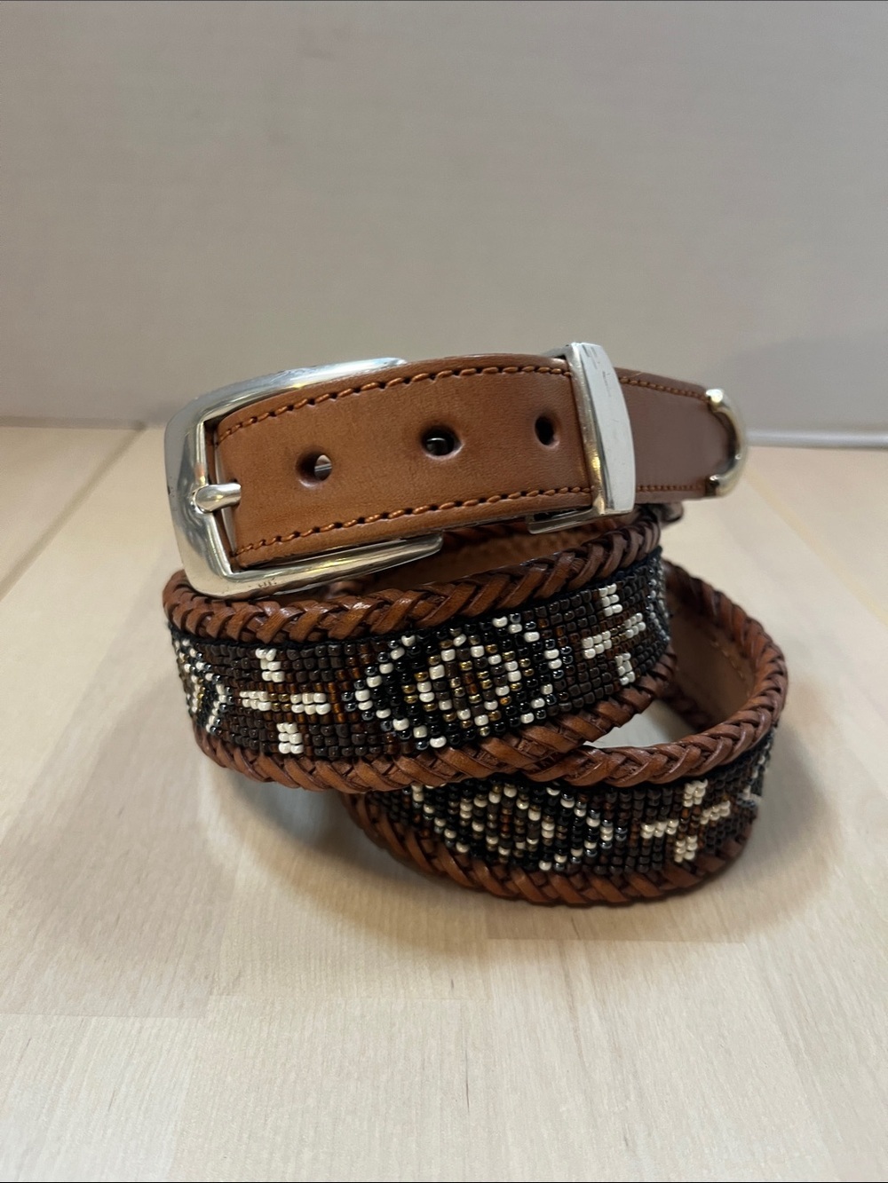 Brown Leather & Decorative Beaded Belt w/ Silver Hardware Men’s Size 38